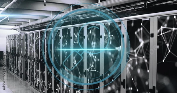 Obraz Magnifying glass icon over data servers with network connections image