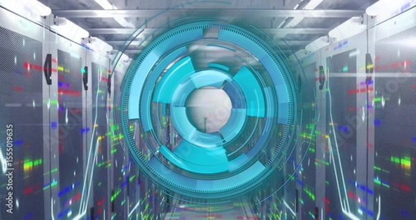 Fototapeta Displaying holographic interface hovering in data center aisle, with server cabinets and LED lights