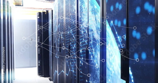 Fototapeta Data processing image over server racks in data center network of connections