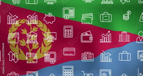 Fototapeta Showcasing Eritrean flag overlaying finance icons on digital canvas, with bar charts