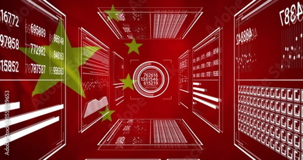 Fototapeta Chinese flag elements with digital data and analytics in image on red background