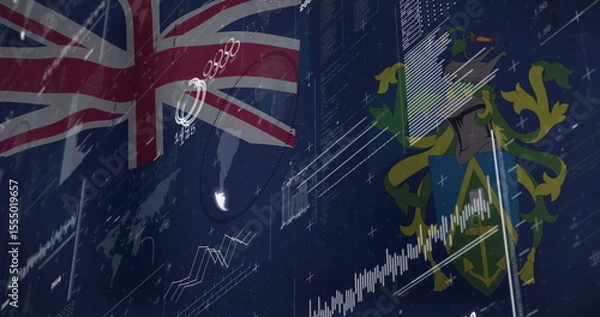 Fototapeta British flag and coat of arms over financial data and graphs image