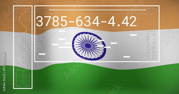 Fototapeta Image of numbers and data processing over Indian flag background