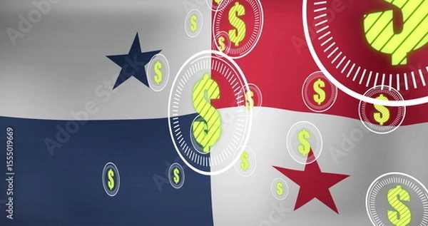 Fototapeta Image of dollar symbols overlaying Panama flag in school setting