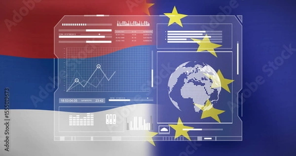 Fototapeta Serbian and EU flags with digital data and globe image overlay