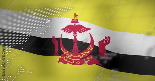 Fototapeta Waving Brunei flag with digital data and map overlay in background image