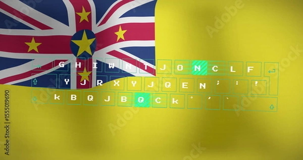 Fototapeta Merging Niue flag with neon green keyboard layout in digital yellow backdrop design