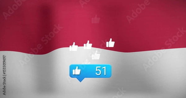 Fototapeta Image of Indonesian flag with floating like icons and number 47