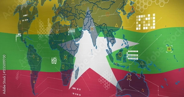 Fototapeta Image of world map with digital data elements on colorful flag-themed background