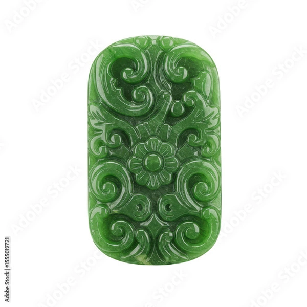 Fototapeta Intricately carved green jade pendant featuring floral designs, isolated on a white background