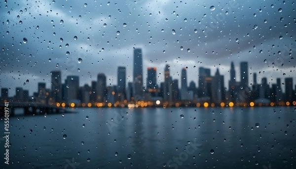 Fototapeta Rainy Cityscape View with Water Droplets on a Window Pane at Dusk