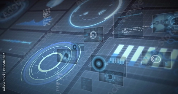Fototapeta Displaying holographic dial floating on digital grid, with data panels, code windows and waveforms