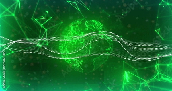 Fototapeta Green digital globe with flowing data lines and network connections image
