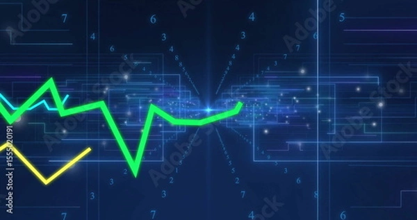 Fototapeta Image of green and yellow line graph over digital data background