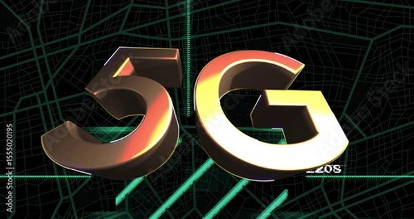 Fototapeta 5G image glowing over digital map background with vibrant blue light