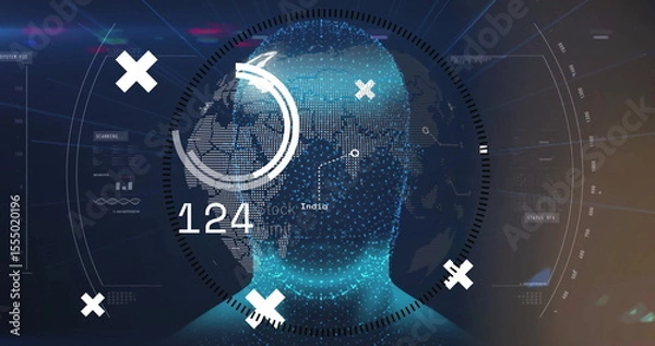 Fototapeta Image of digital face with data and geometric shapes on world map background