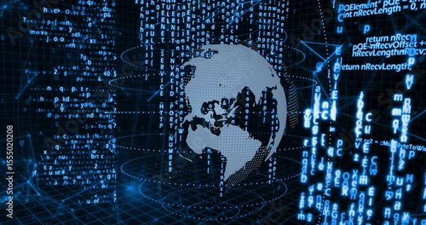 Fototapeta Image of digital globe with binary code and programming language elements