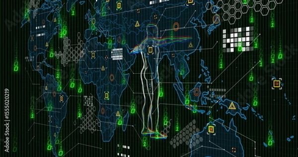 Obraz Digital human silhouette over world map with data and binary code image