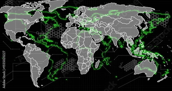 Fototapeta Image of world map with green digital network lines and hexagonal patterns