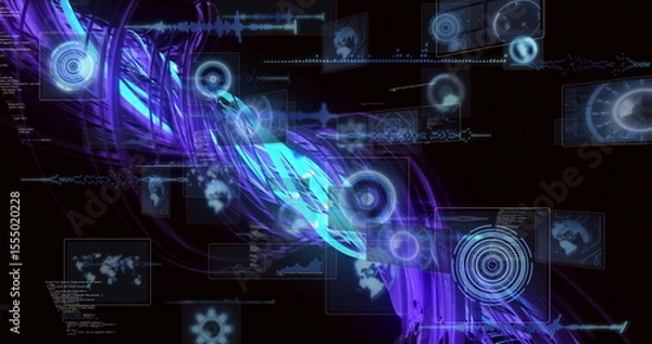 Fototapeta Image of glowing blue and purple data streams with futuristic digital interface