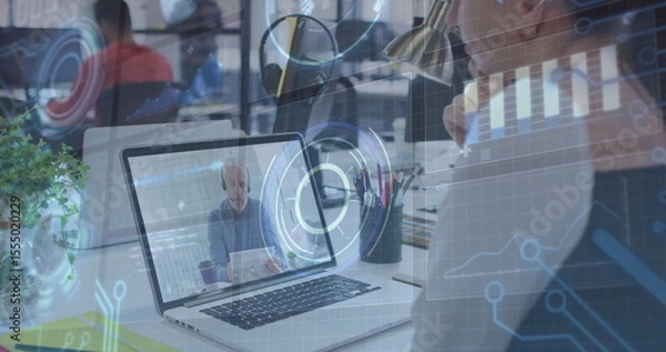 Obraz Virtual meeting on laptop with digital data processing image overlay