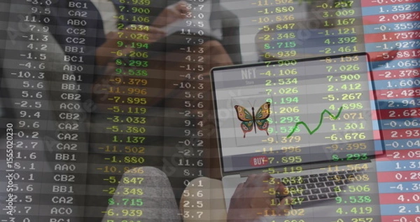Fototapeta Using laptop in school, person viewing butterfly NFT with stock market image
