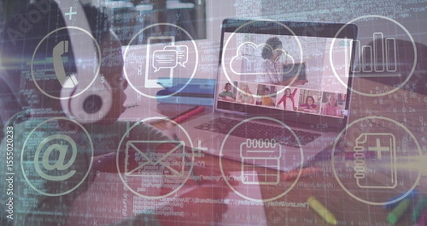 Obraz Image of digital communication icons overlaying laptop with image call in school