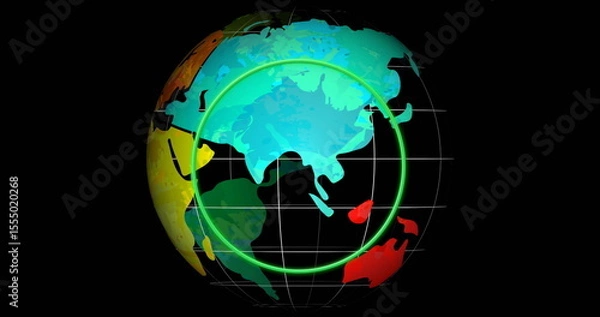 Fototapeta Image of colorful globe with continents highlighted on black background