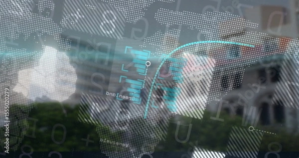 Obraz Projecting translucent data overlay on screen, showing building facade trees and cloud patches