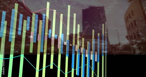 Obraz Bar and line graphs image over cityscape with tall buildings