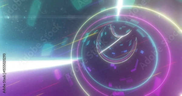 Fototapeta Spiraling neon rings creating tunnel in virtual space with light beams, glowing squares and flares