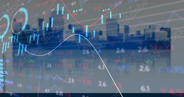 Obraz Financial graphs and data processing image over city skyline background