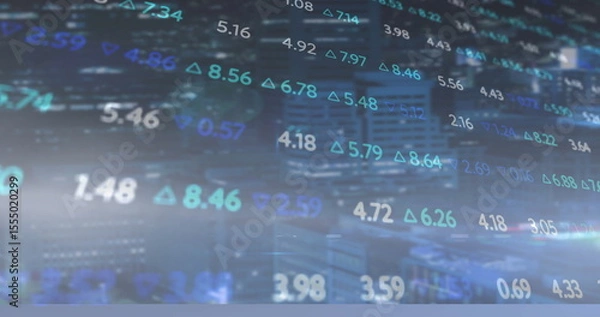 Fototapeta Overlaying financial data and stock market numbers on cityscape image background