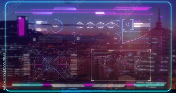 Obraz Image of futuristic digital interface showing data and world map over cityscape