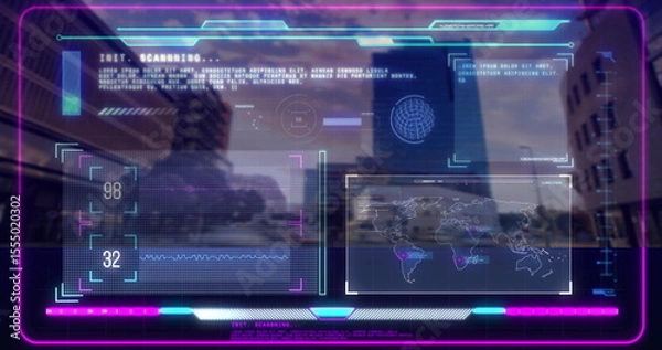 Obraz Image of futuristic digital interface with global data over cityscape background