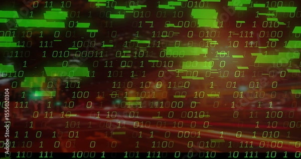 Obraz Image of binary code with green data blocks overlaying cityscape at night