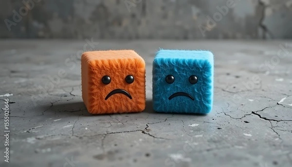 Fototapeta Adorable Fuzzy Cubes Expressing Sadness on a Cracked Concrete Surface