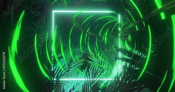 Obraz Creating futuristic vibe, neon green geometric shapes with palm leaves image