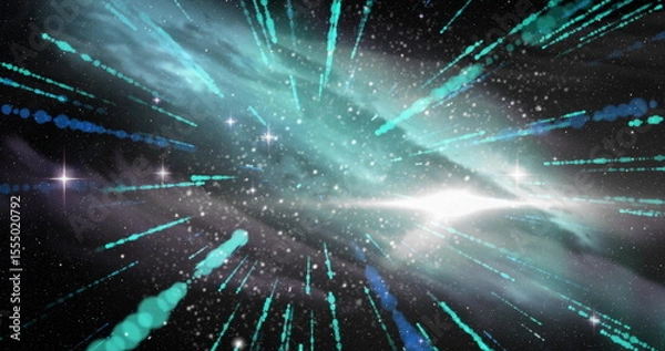 Fototapeta Image of cosmic explosion with dynamic light streaks and stars in space