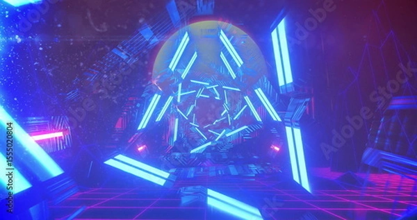 Fototapeta Glowing neon tunnel with blue and pink geometric patterns, creating image effect