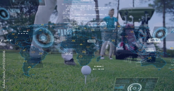 Fototapeta Golf ball on tee with digital world map and data overlay image