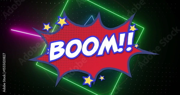Fototapeta BOOM!! image with stars over colorful neon shapes and dots in school