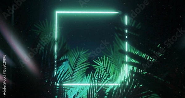 Obraz Glowing neon square with tropical palm leaves in dark atmosphere