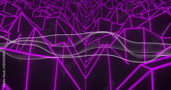 Obraz Image of dots flowing over geometric purple neon lines in motion