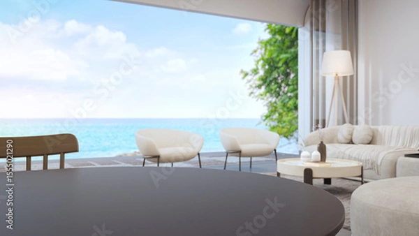 Fototapeta Empty curve dark table top with blurred sea view background. 3d illustration of modern dining and living room.