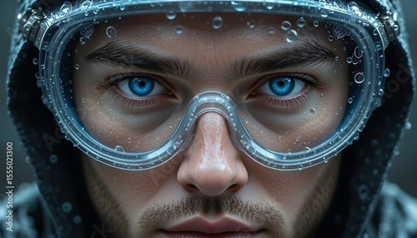 Fototapeta Close-up portrait of a man wearing safety goggles with water droplets
