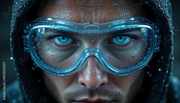 Fototapeta Intense Close Up of a Man Wearing Protective Goggles with Raindrops