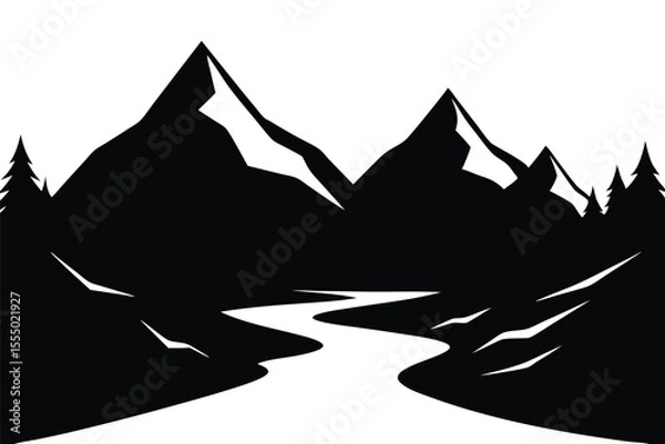 Fototapeta Landscape with silhouettes of mountains and Mountain river. Nature background. Vector illustration. Old style black and white mountain vector design