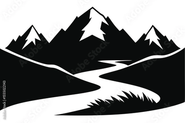 Fototapeta Landscape with silhouettes of mountains and Mountain river. Nature background. Vector illustration. Old style black and white mountain vector design