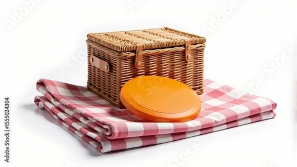 Obraz Classic Picnic Basket with Checkered Blanket and Frisbee